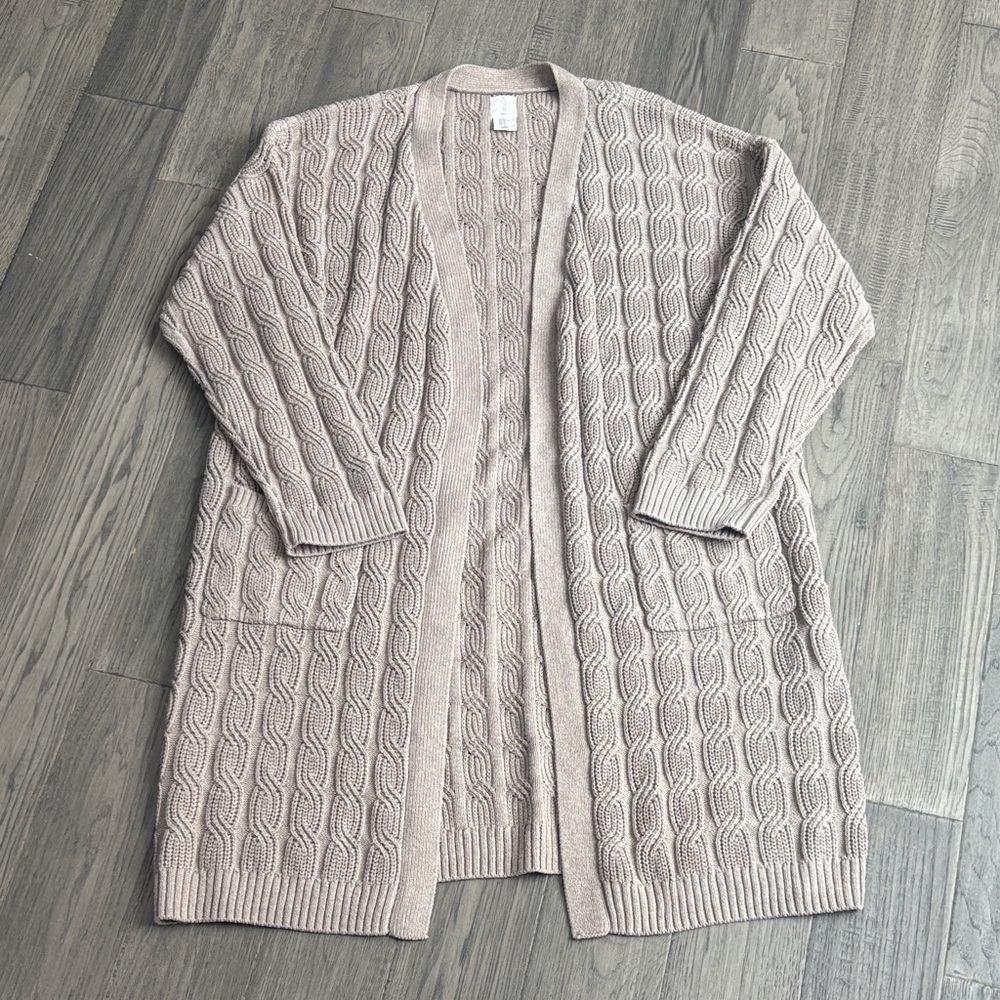Joie | Mottled Light Beige Long Duster Cardigan Sweater Cable Knit Open-Front XL